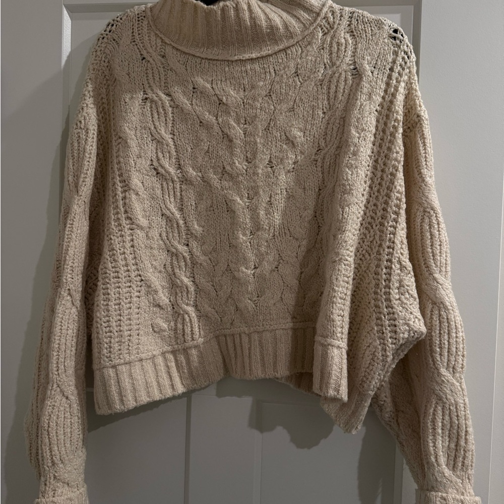 Free People Cozy Cable Knit Turtleneck Sweater - Cream